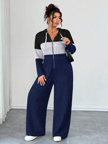 EMERY ROSE Plus Size V-Neck Ring Zipper Decor Long Sleeve Soft Knitted Ribbed Fuzzy Tricolor Contrast Splice Casual Jumpsuit, Home Jumpsuit - Multicolor - View 5