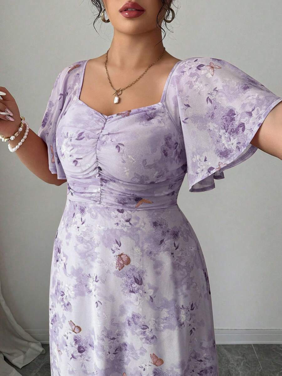 Modelyn 女士雪纺蝴蝶印花蝙蝠袖百褶甜美法式夏装