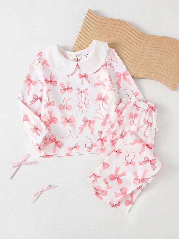 两件套女童优雅彼得潘领长袖蝴蝶印花上衣及配套蝴蝶印花长裤套装