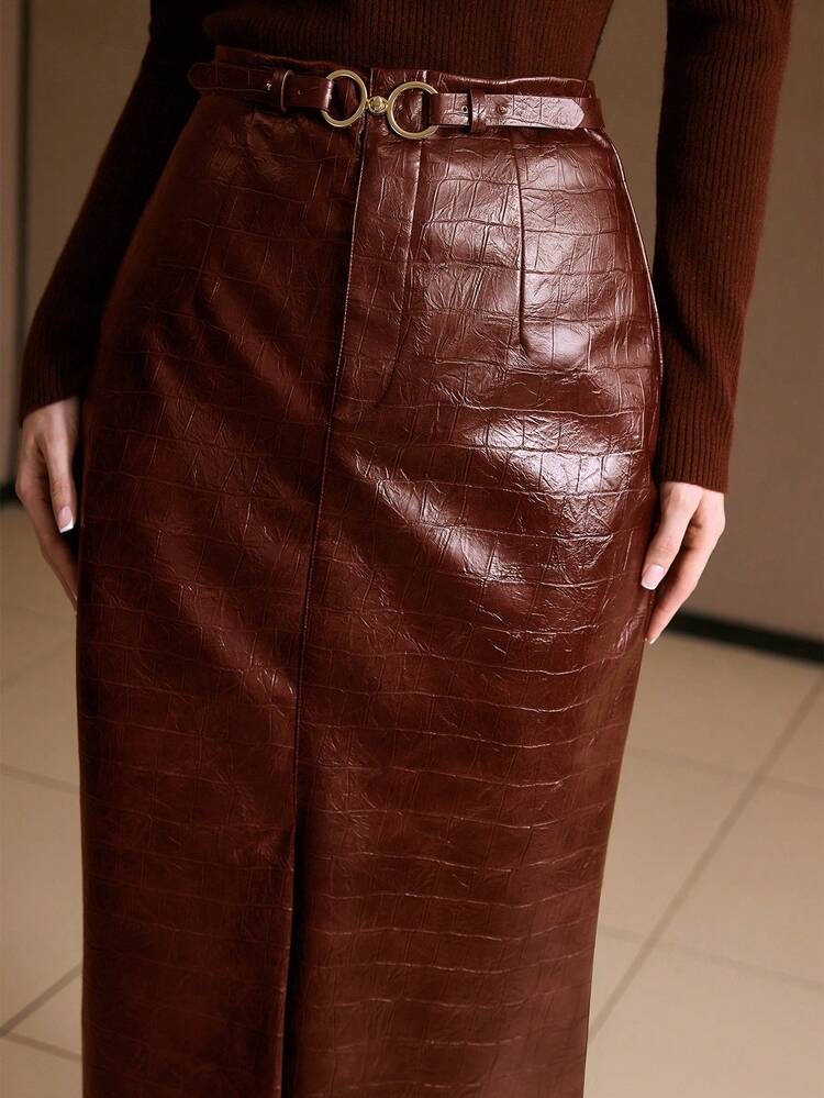 CROCODILE EMBOSSED PU SLIT FRONT STRAIGHT SKIRT, AUTUMN/WINTER