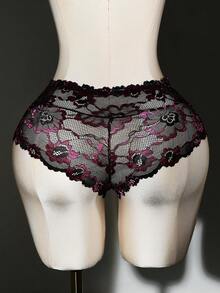 Plus Size Women Floral Print Lace Patchwork Sexy Panties - Purple - View 2