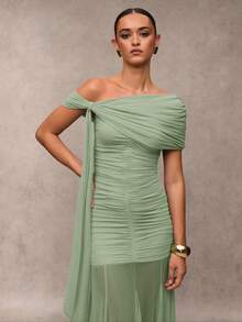 SHEIN BAE Women's Solid Color Oblique Shoulder Ruched Flounce Design Elegant Dress - Mint Green - View 4