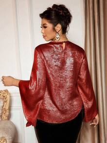 Cravure Plus Size Women Metallic Sheen Solid Color Long Sleeve Round Neck Irregular Hem Casual Elegant Party Blouse - Red - View 2