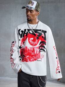 ROMWE MEN Street Life Áo thun nam cổ tròn tay dài họa tiết sáng tạo thường ngày - trắng - Xem 8