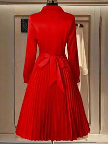 GlowEve CURVE Women's Solid Color Collared Pearl Button Decorated Pleated Long Sleeve Dress, Suitable For Daily Dates, New Year Holidays - Red - View 2