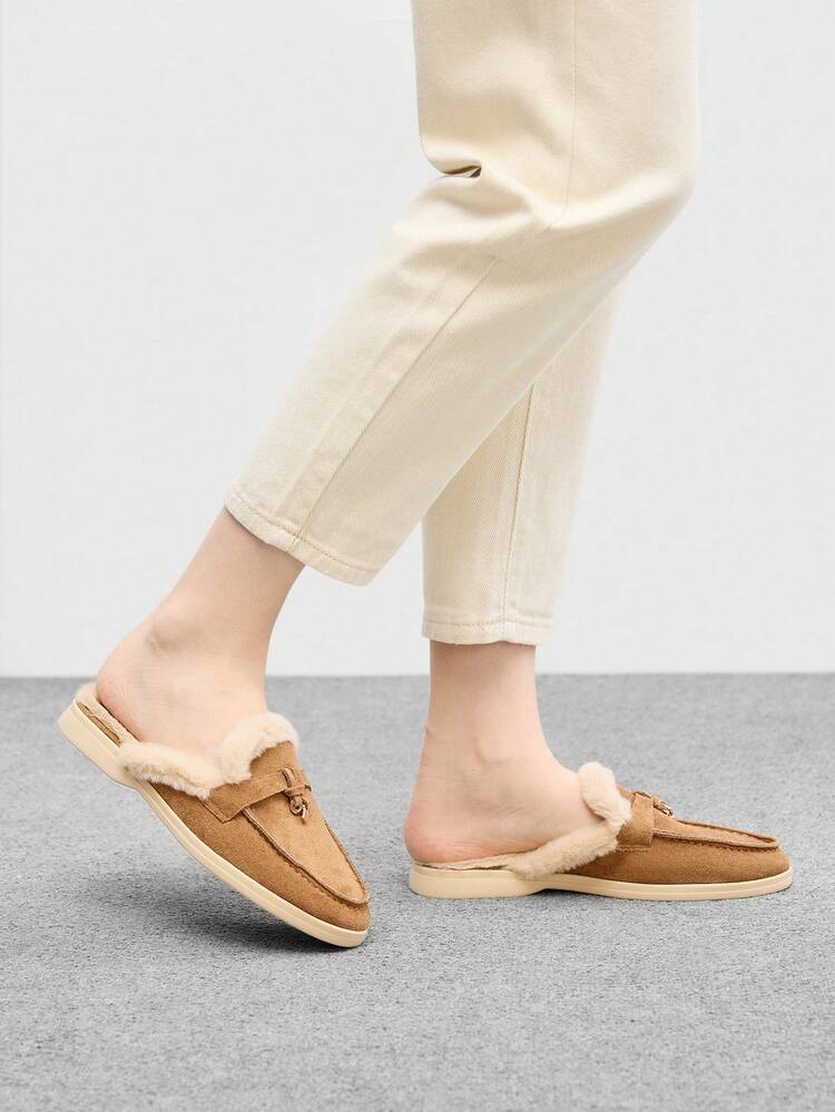 CUCCOO BIZCHIC Women's Fashionable Camel Suede Comfortable Thick Faux Fur Slip-On Mules, Flat Loafers Suitable For Outdoor, Work, Daily Wear, Versatile