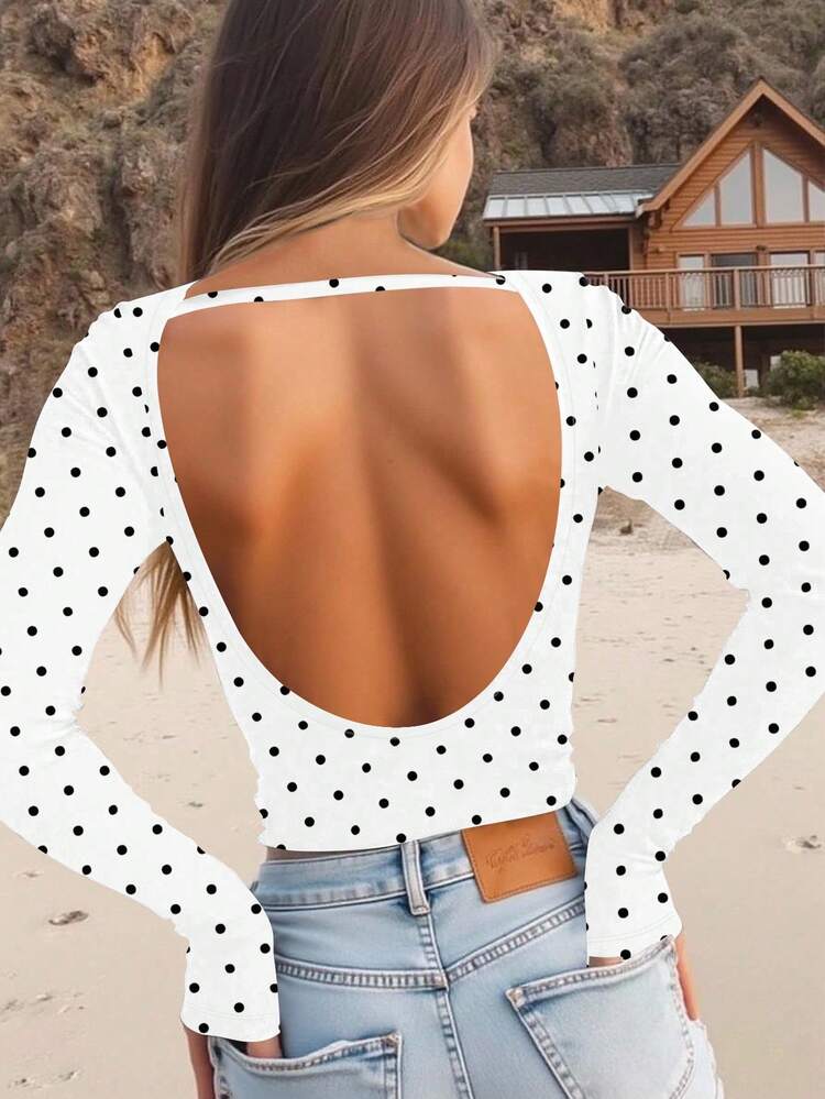 INAWLY 女士波点露背长袖船领修身T恤 - 彩色 - 查看 4