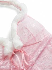Fantasy Costume Bộ đồ lót Giáng sinh 3 món gợi cảm cỡ lớn: váy ren hở lưng cổ yếm, cổ lông, cổ chữ V sâu, kèm quần lọt khe và mũ đội đầu hình sừng hươu. - Hồng - Xem 7