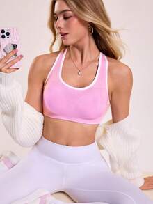 Sovereign Charm Contrast Trim Scoop Neck Backless Fashionable Summer Sports Bra - Pink - View 2