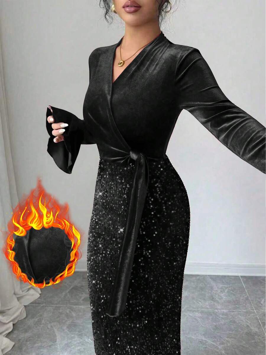 Modelyn 女士天鹅绒拼接亮片修身中长连衣裙,酒红色,长袖,适合外出和约会,秋冬季 - 黑色 - 查看 1