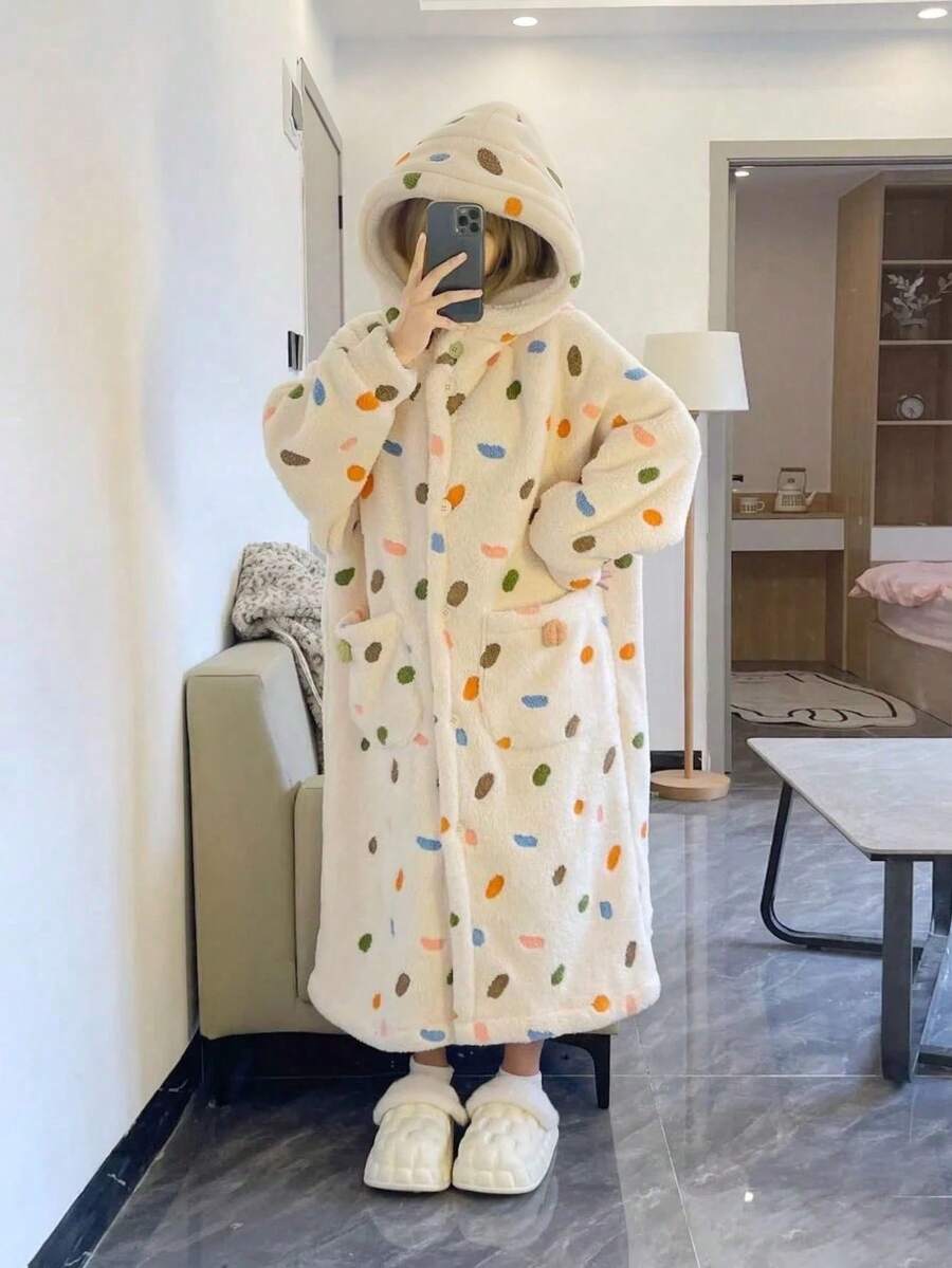 一件彩色波点雪尼尔绒毛睡衣 - 长袖羊毛冬季睡衣，带腰带，适合家庭休闲穿着。法兰绒、羊毛、天鹅绒、绒毛材质，柔软保暖，适合年轻女孩和学生，是生日、节日、情侣/闺蜜的舒适礼物。 - 彩色 - 查看 1