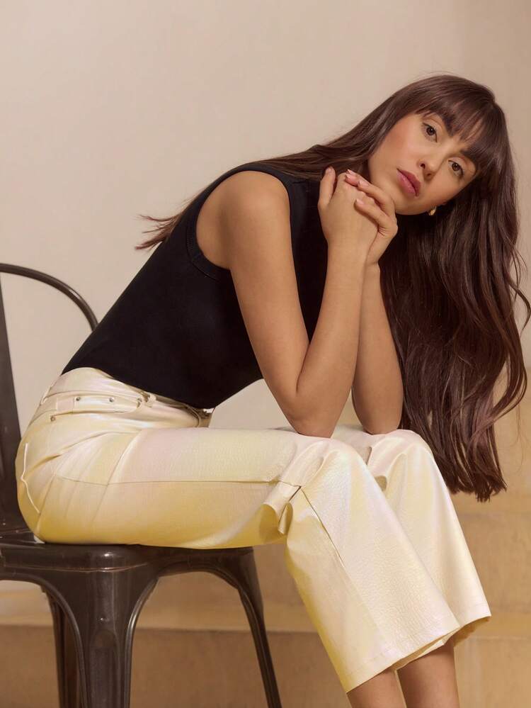 Iridescent Straight-Leg Pants In Faux Pearl White Textured Fabric Party Spring Summer Going Out French Style Parisian Style