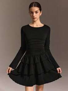 SHEIN Falda deportiva de tenis para adolescentes, diseño de cintura plisada, falda multicapa, muy elástica, suave y transpirable, adecuada para deportes y baile, uso diario, uso escolar, elegante, Navidad, Día de San Valentín. - Negro - Ver 1