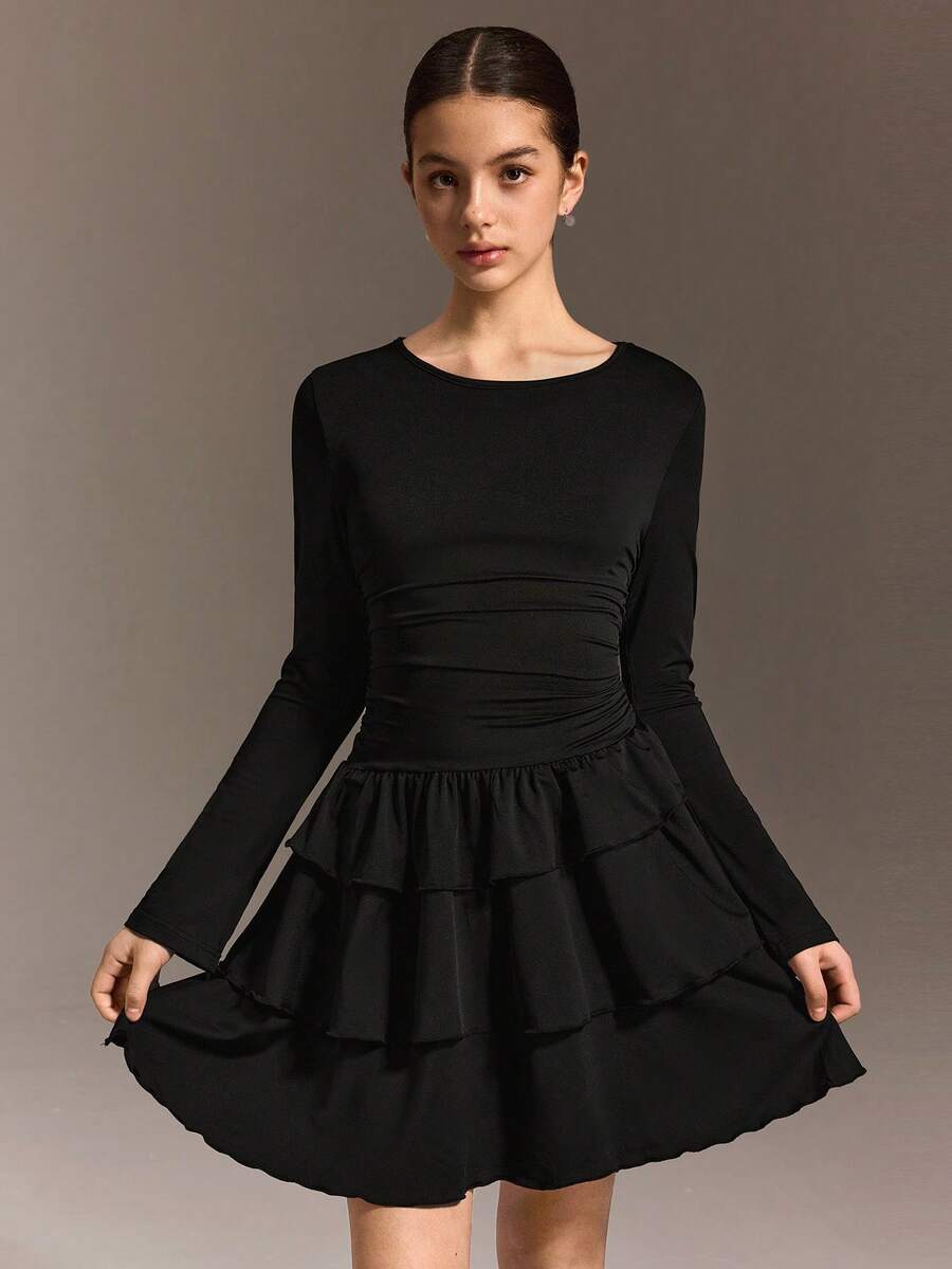 SHEIN Falda deportiva de tenis para adolescentes, diseño de cintura plisada, falda multicapa, muy elástica, suave y transpirable, adecuada para deportes y baile, uso diario, uso escolar, elegante, Navidad, Día de San Valentín. - Negro - Ver 1
