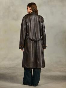 ROMWE EDITION Vintage Distressed PU Patchwork Plaid Long Leather Jacket, Suitable For Autumn/Winter - Multicolor - View 3