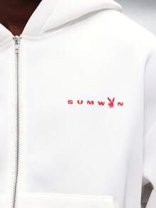 PLAYBOY X SUMWON 兔子标志全拉链连帽衫，带前袋，经典休闲街头风卫衣 - 白色 - 查看 5