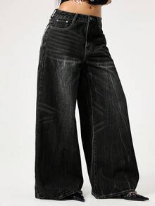 ROMWE Grunge Punk Y2K Punk Distressed Butterfly Embroidered Vintage Washed Loose Wide Leg Jeans - Black - View 5