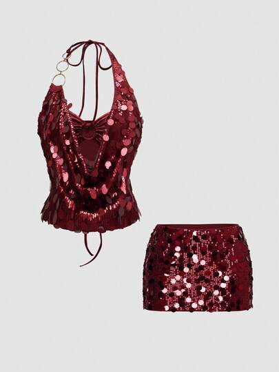 ROMWE Avant Ensemble 2 pièces vintage sexy Y2K : top court à paillettes et mini-jupe taille basse pour femmes