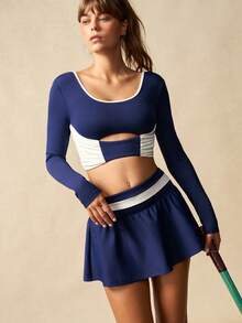 VARSIVA Women's Tennis Sets, Navy Blue And White Color-Blocked Long-Sleeved Mini Tennis Skirt Set, Backless Top, Suitable For Tennis, Gym, Yoga, Holiday, Casual, Spring, Summer, Autumn And Winter - Multicolor - View 5