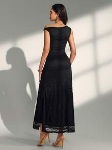 Olithes Almamuse-D Black Lace Fitted Twist Strap Side Slit Dress, Elegant Women's Long Dress - Black - View 2