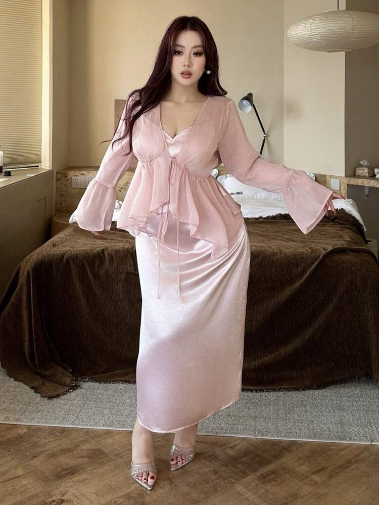Dazy Plus Valentine 2pcs/Set Fashionable & Sexy Chiffon Tie Strap Flare Sleeve Loose Cardigan And Bodycon Maxi Dress, Pink Plus Size, Spring/Summer