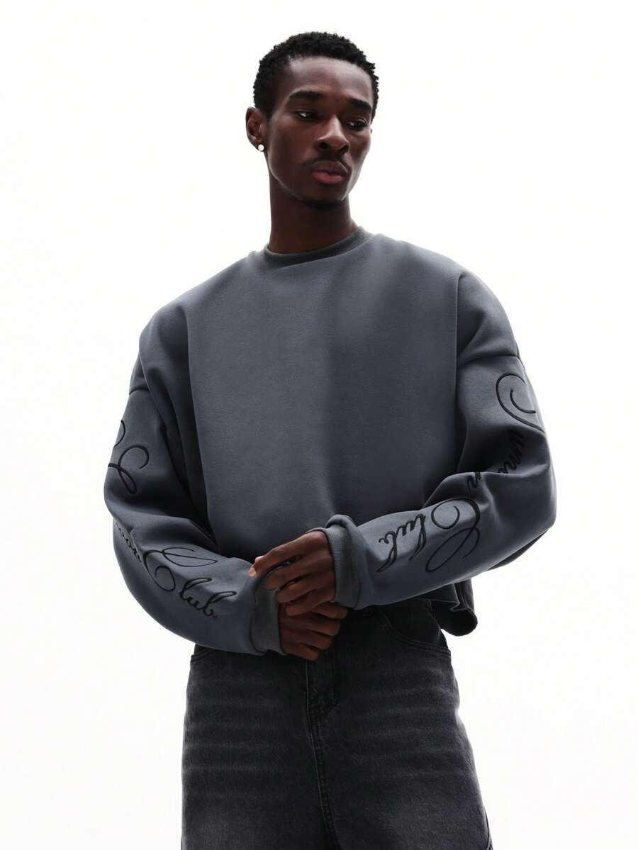 SUMWON Oversized Crew Neck Sweatshirt With Graphic Sleeve Print Design For Casual Fall Winter Wear Streetwear Style Long Sleeve Pullover - Grey - View 1