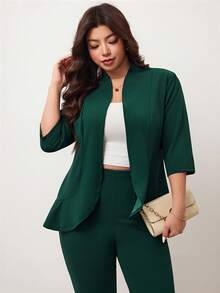 Enliva Plus Size Women Solid Color 3/4 Sleeve Blazer And Pants 2 Pieces Office Suit, Business Casual Woman New Years Women Outfit Winter Dresses Winter Clothes Women Rave Outfits Thanksgiving Outfit Women, For Office Wear, For Apple & Rounded Body Shape