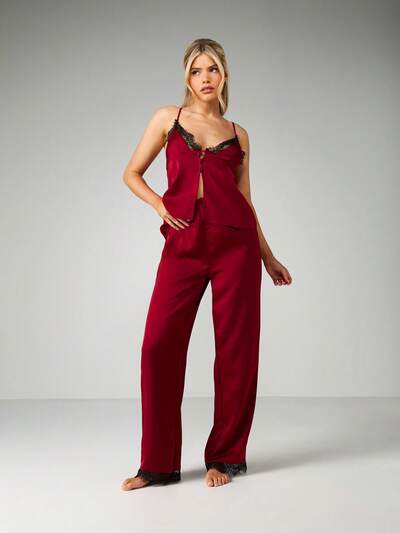 MISSGUIDED Conjunto de camisola de satén con ribete de encaje y pantalones de pierna ancha