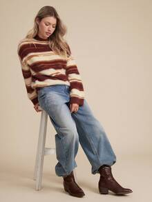 WESTFADE Nuevo suéter holgado asimétrico de rayas para mujeres - Marrón - Ver 6