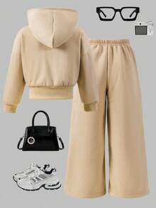 SHEIN Young Girl Casual Letter Patch Zip-Up Hoodie And Pants Set, Autumn, Outfit Set, Hoodie Pants Set, Clothes Set - Khaki - View 2