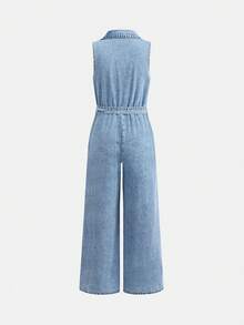 SHEIN 青少年女孩时尚休闲 Y2K 复古酷炫街头舒适蓝色牛仔无袖衬衫式连体牛仔裤，适合儿童日常穿着，也适合春夏派对、节日和街头服饰。 - 藍色 - 查看 5