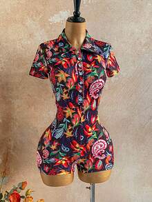 Soleia Women's Paisley Floral Multicolor Print Romper,Summer Boho Holiday Vacation Outfit,Open Front Button Lapel Collar Short Sleeve Jumpsuit,Black And Pink - Multicolor - View 5