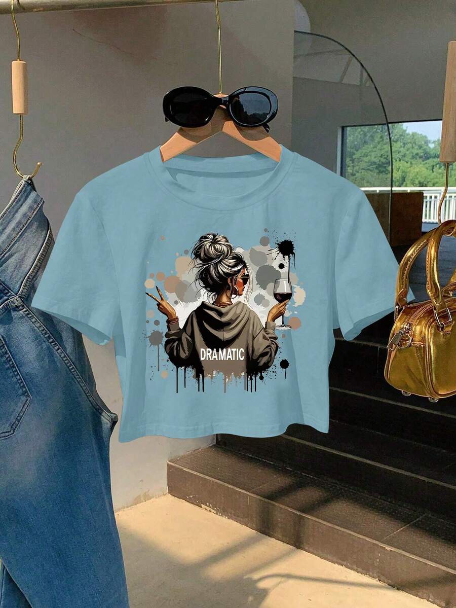 Camiseta corta casual de mujer con estampado gráfico - Neblina azul - Ver 1