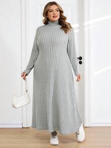 SHEIN CURVE+ Plus Size Women Ribbed Turtleneck Long Sleeve A-Line Knit Dress, Autumn/Winter - Green - View 5