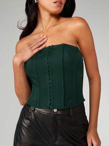 MISSGUIDED Strapless Bandeau Corset Top With Hook And Eye Closure For Night Out - Dark Green - View 4