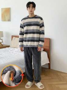 Teen Boys Gray White Striped Fleece Loungewear Set,Round Neck Long Sleeve 2-Piece Combo,Autumn Winter New Year Holiday Essential Social Media Style - Grey - View 3