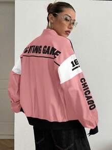 SHEIN PETITE Letter Print Contrast Color Drop Shoulder Bomber Jacket For New Year Clothes - Pink - View 2