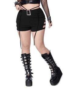 Whyspr Plus Size Punk Style Fitted Lace-Up Eyelet Belted Shorts Goth Shorts Booty Shorts Plus Size Curve Plus Shorts - Black - View 4