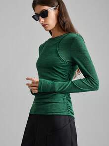 Ontre Áo thun nữ cổ tròn tay dài 2 trong 1, ôm sát, đa năng, phù hợp cho đi làm, công sở, thanh lịch cho tiệc Valentine, áo thun đen cơ bản cho các buổi đi chơi, áo thun tay dài màu xanh lá cây. - Màu xanh lá cây đậm - Xem 6