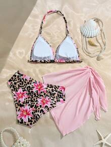 SHEIN 少女比基尼套装，三件套泳装，春夏新款沙滩泳装。包含一件吊带露背泳衣上装、短裤和一件罩衫。另有豹纹比基尼套装，是打造夏日海滩度假造型的完美之选。适合夏季假期、圣诞节、节日、新年、情人节等各种场合。 - 粉色 - 查看 3