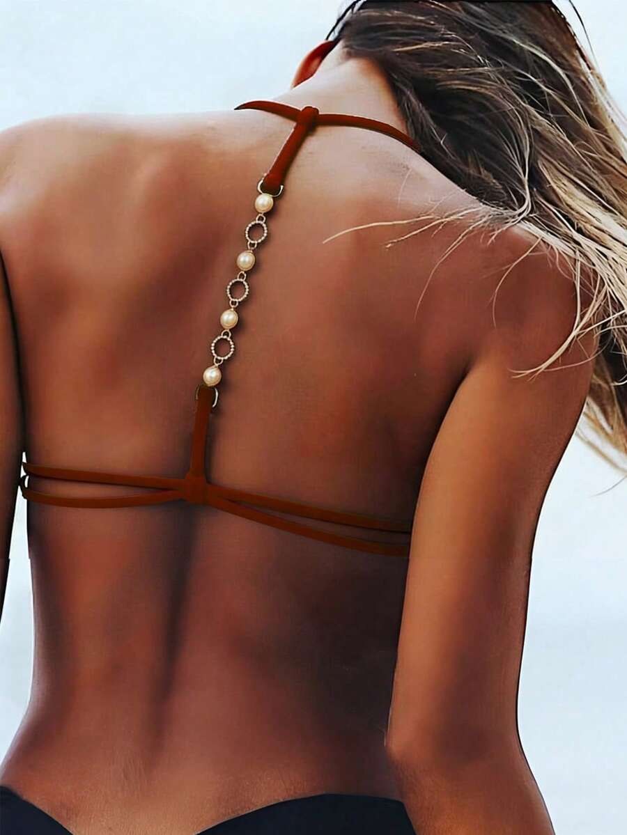 Swim Vcay Women's Solid Color Halter Backless Decorative Sexy Fashion Bikini Swimwear Top - Rust Brown - View 1
