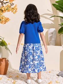 SHEIN Girls Middle Eastern Style Beaded Blue Top + Colorful Paisley Print Skirt Spring/Summer Set - Multicolor - View 2