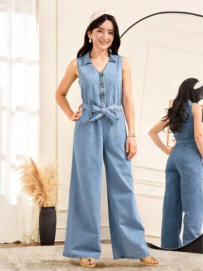 SHEIN Teen Girls Fashion Casual Y2k Vintage Cool Street Comfortable Blue Denim Sleeveless Shirt-Style One-Piece Jeans For Kids Clothes Teen Girls Dailywear And Kids Spring And Summer Rave Outfits Festival And Outfits Streetwear Clothes