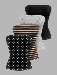 SHEIN EZwear 4pcs Women's Retro Polka Dot, Stripe, Floral Romantic Elegant Solid Print Pattern Versatile Comfortable Casual Sexy Camisole Tops, Family Pack, Matching Sister Set, Chic, Suitable For Outings, Parties, Dates, Y2K,Polka Dot Top Spring - Multicolor - View 14