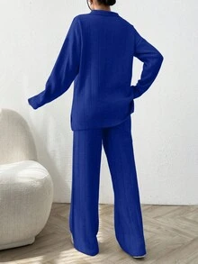 EURMUSE 2pcs Solid Color Ribbed Polo Neck Loose Fit Sweaters Lounge Royal Blue Autumn Winter Elegant Minimalist - Royal Blue - View 2