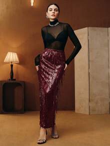 Anewsta Chân váy nữ mùa Thu/Đông mới, màu đỏ Angora cao cấp, thiết kế tua rua và đính sequin, chân váy dự tiệc cho mùa Thu, Đông, Xuân, Năm mới, tiệc tùng, đám cưới, sang trọng, thời trang, trang trọng, công sở, Lễ Tạ ơn, Lễ tốt nghiệp, Giáng sinh, lễ hội. - Màu Đỏ Sâu - Xem 3