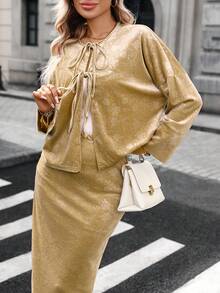 SHEIN Raffinéa Autumn/Winter Romantic Elegant Velvet Embossed Rhinestone Decorated Midi Skirt & Long Sleeve Jacket Set - Khaki - View 5