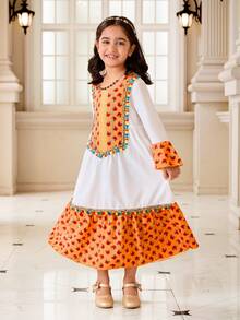 SHEIN Girls'Traditional Style Patchwork Colorful Tassel Hem Design Arabic Dress,White,Autumn,Family Matching Jalabiya Modest Thobes Dress For Kid Girls - Multicolor - View 4