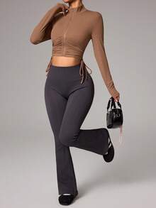 Sovereign Charm Women's Drawstring Design Fitted Zip-Up Sports Jacket - Khaki - View 7