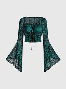 ROMWE Gothic Palace Style Halloween Party Flocked Cross Floral Pattern Mesh Patchwork Lace-Up Waist Women Top - Dark Green - View 1
